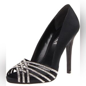 Lauren Ralph Lauren BALINA Satin Jewel Peep Toe Slip-On Pump Heel Black 7.5 B
